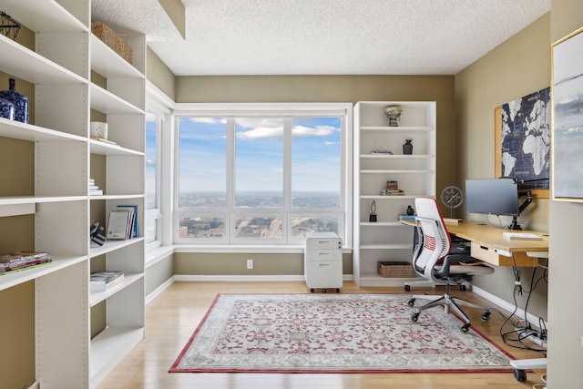 office featuring light wood-type flooring, a textured ceiling, and plenty of natural light