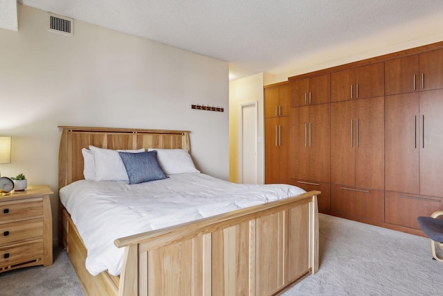 carpeted bedroom with a closet and a textured ceiling