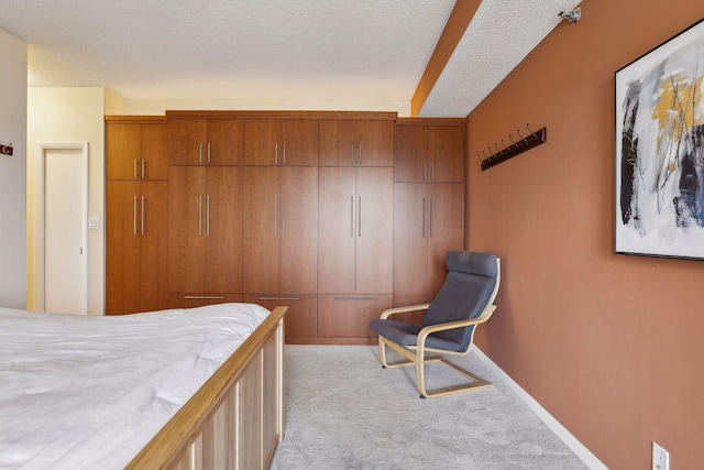 bedroom featuring a textured ceiling, light colored carpet, and a closet