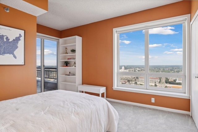 bedroom featuring access to outside, multiple windows, carpet floors, and a textured ceiling