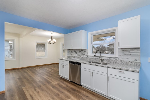 kitchen with decorative backsplash, light stone countertops, stainless steel dishwasher, sink, and white cabinetry