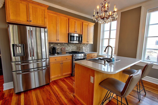 kitchen with sink, an inviting chandelier, a center island with sink, appliances with stainless steel finishes, and ornamental molding