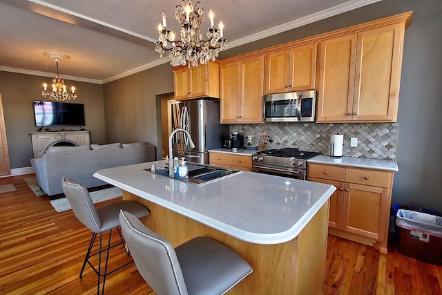 kitchen featuring a breakfast bar, a notable chandelier, stainless steel appliances, and a kitchen island with sink