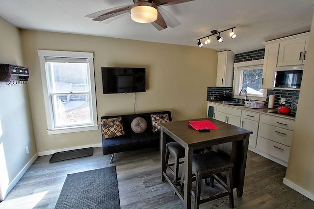 kitchen featuring tasteful backsplash, white cabinetry, a healthy amount of sunlight, and sink