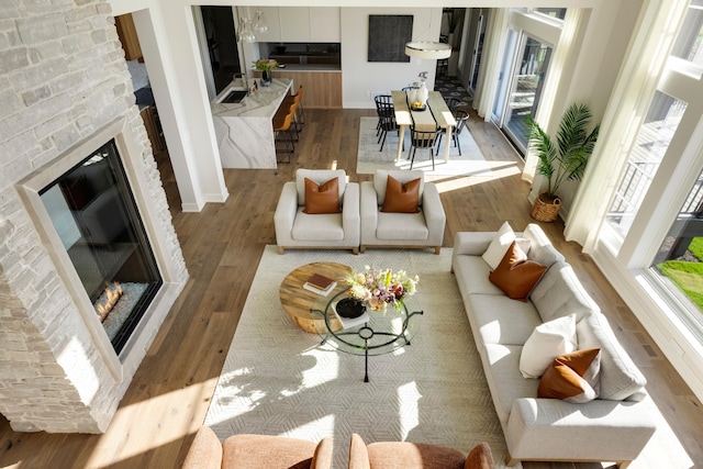 living room featuring light hardwood / wood-style flooring and a stone fireplace