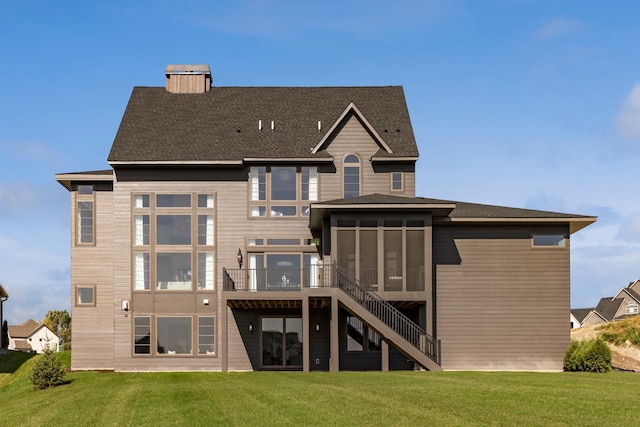 back of property featuring a lawn and a sunroom