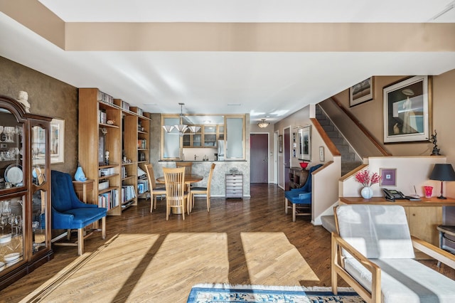 living room featuring dark wood-type flooring