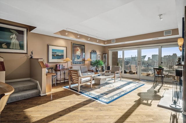 living room featuring dark hardwood / wood-style flooring and rail lighting