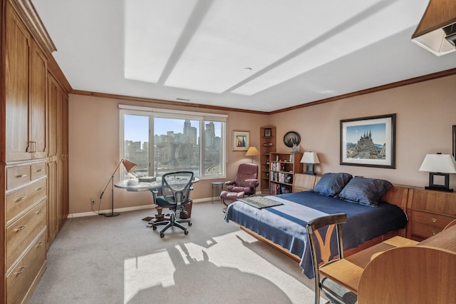 carpeted bedroom with crown molding