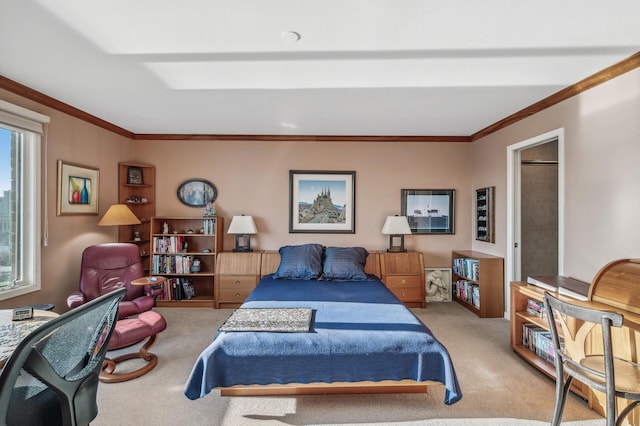 bedroom featuring crown molding, light carpet, and multiple windows