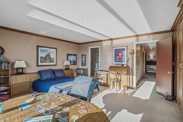 carpeted bedroom with ornamental molding