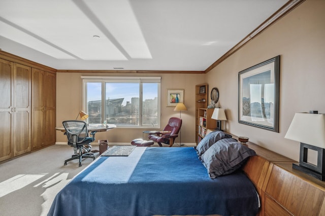 carpeted bedroom with crown molding