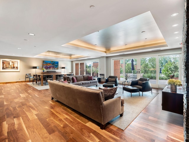 living room with a raised ceiling, french doors, and light hardwood / wood-style flooring