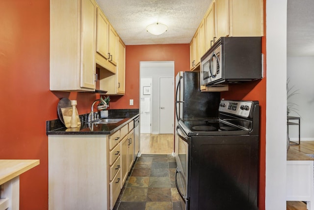 kitchen featuring appliances with stainless steel finishes, a textured ceiling, light brown cabinetry, and sink