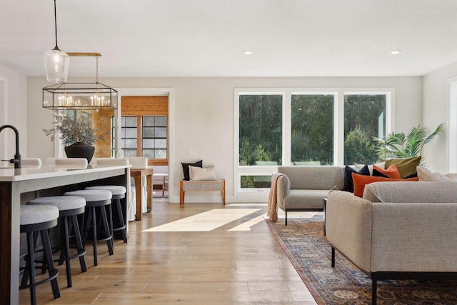 living room featuring sink and light hardwood / wood-style flooring