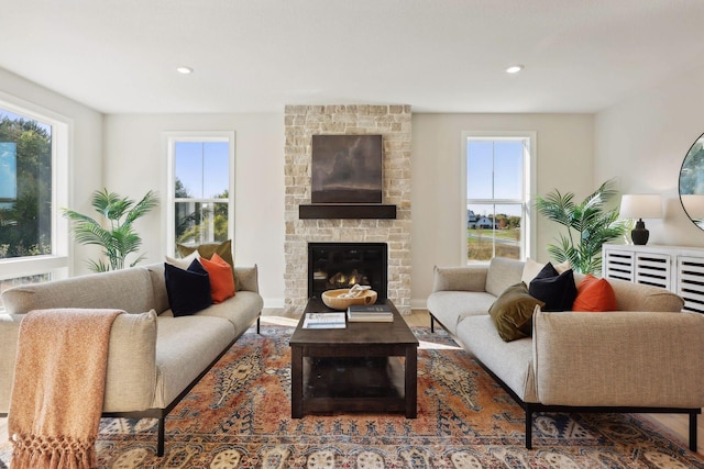 living room featuring a large fireplace and dark hardwood / wood-style flooring