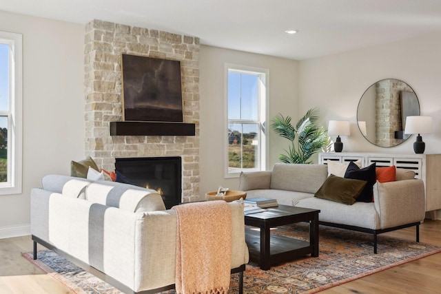 living room featuring hardwood / wood-style flooring and a fireplace