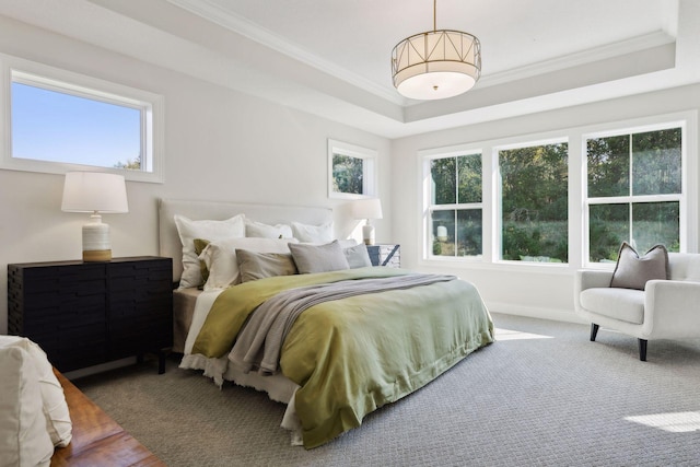 bedroom featuring crown molding, carpet flooring, and a tray ceiling