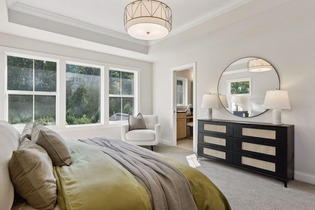 carpeted bedroom featuring ornamental molding, connected bathroom, and a raised ceiling