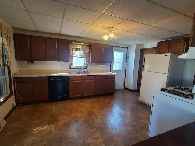 kitchen with white appliances, ventilation hood, a paneled ceiling, and sink