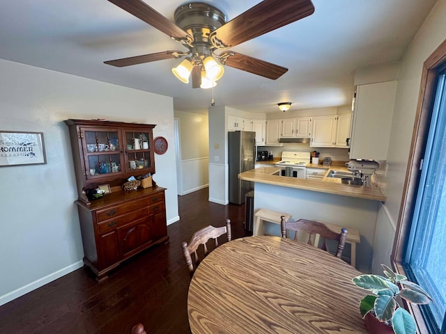 dining room featuring ceiling fan, sink, and dark wood-type flooring