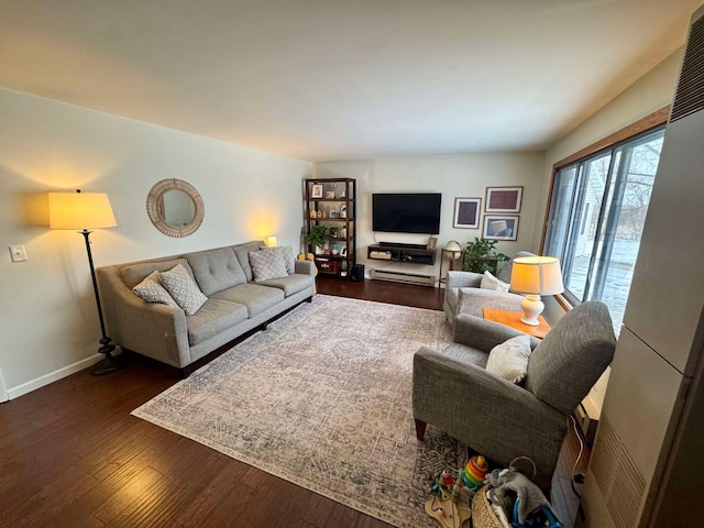 living room featuring dark wood-type flooring