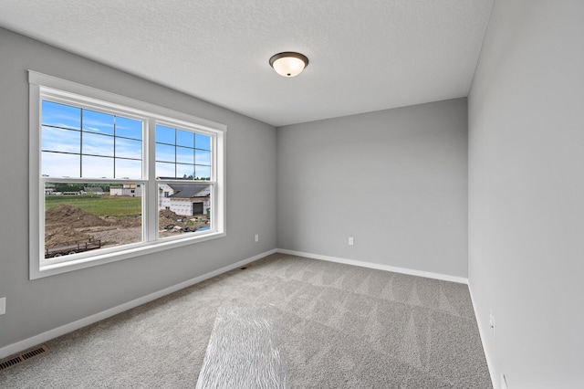 carpeted empty room with a textured ceiling