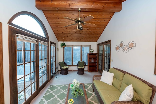 carpeted living room with french doors, ceiling fan, wood ceiling, and high vaulted ceiling