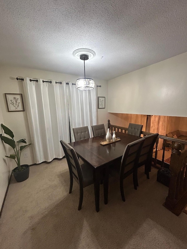 dining space featuring wood walls, a textured ceiling, and carpet flooring