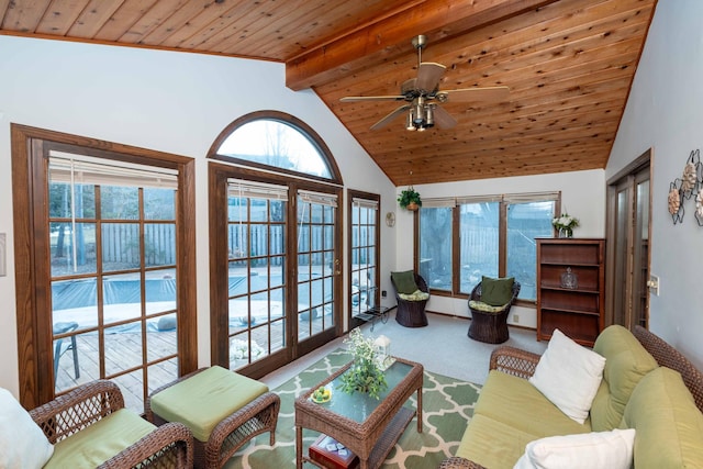 living room with high vaulted ceiling, carpet, ceiling fan, wooden ceiling, and beam ceiling