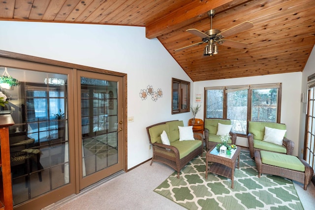 interior space featuring ceiling fan, lofted ceiling with beams, and wooden ceiling