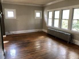 empty room with crown molding, plenty of natural light, dark hardwood / wood-style floors, and radiator