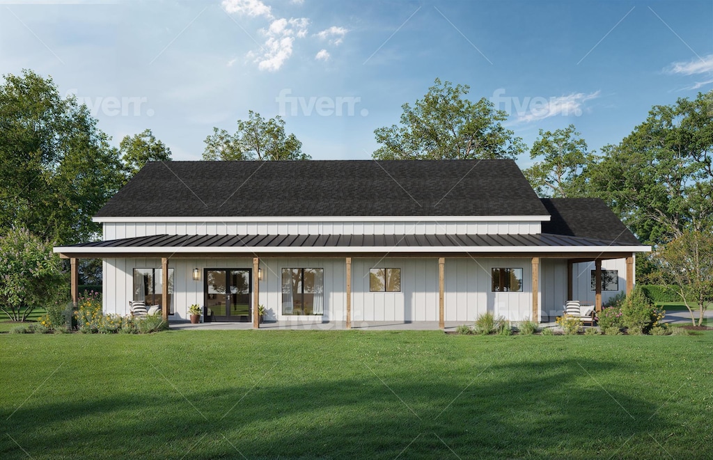 back of house featuring covered porch and a yard