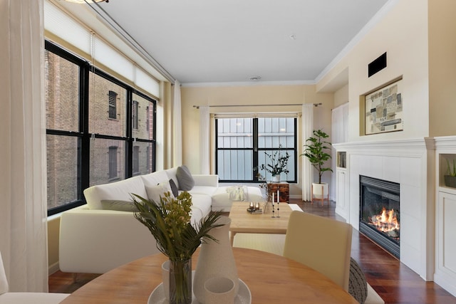 living room featuring ornamental molding, a fireplace, and dark wood-type flooring