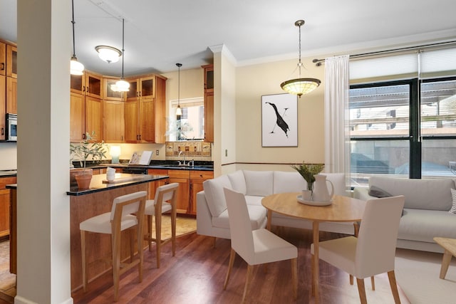 kitchen with decorative light fixtures, decorative backsplash, dark wood-type flooring, and a wealth of natural light