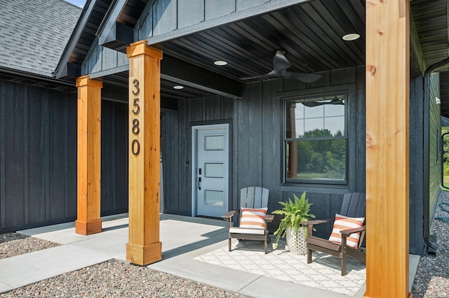 view of patio featuring ceiling fan