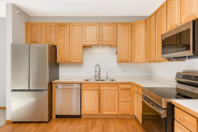 kitchen with light brown cabinets, stainless steel appliances, and sink