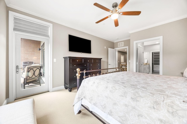 carpeted bedroom with ceiling fan, access to exterior, and crown molding