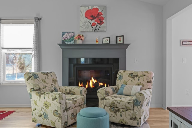 living area featuring baseboards, wood finished floors, and a glass covered fireplace