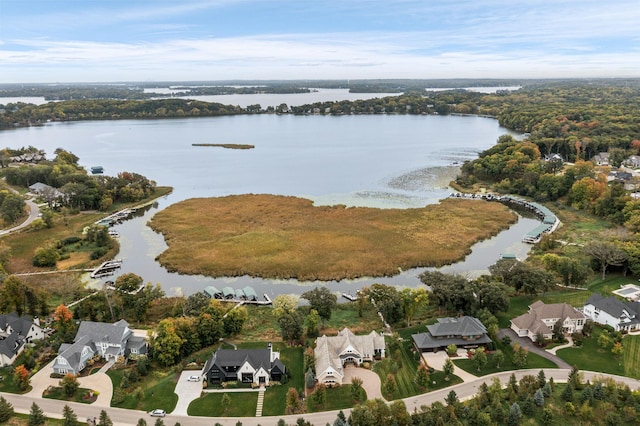 bird's eye view with a water view