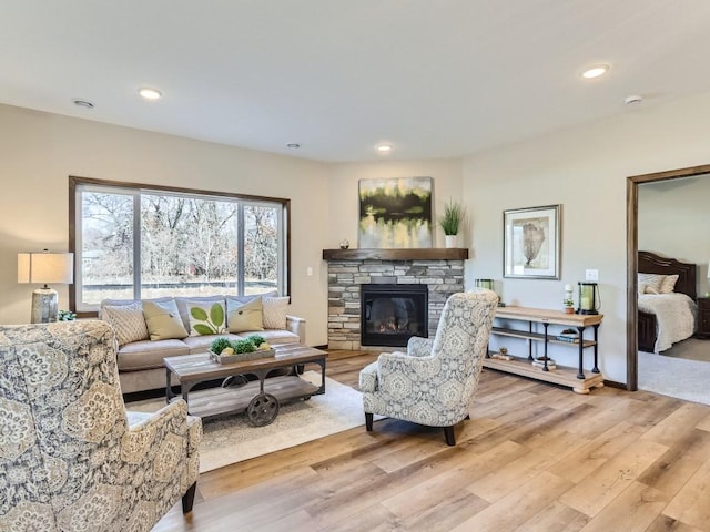 living room featuring a fireplace and light hardwood / wood-style flooring