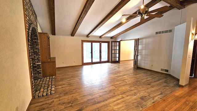 unfurnished living room with hardwood / wood-style floors, french doors, visible vents, and a ceiling fan