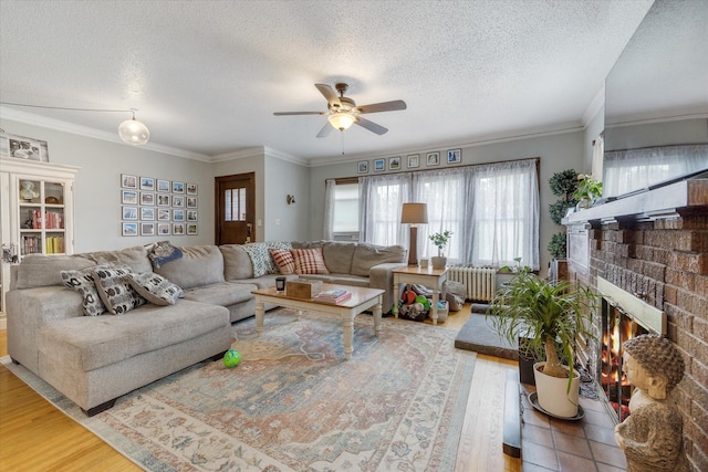 living area featuring crown molding, a brick fireplace, radiator heating unit, and wood finished floors