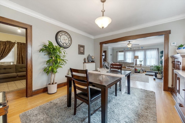 dining room featuring light wood-style flooring, a fireplace, baseboards, and ornamental molding