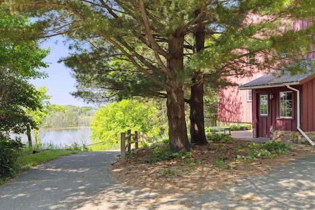 exterior space featuring a water view