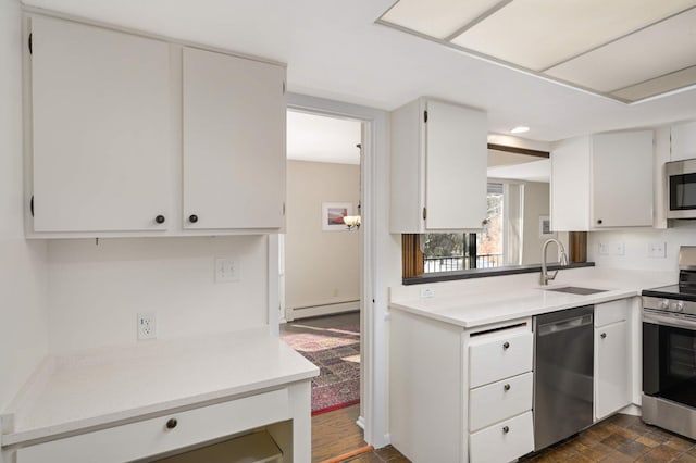 kitchen featuring baseboard heating, appliances with stainless steel finishes, sink, and white cabinetry