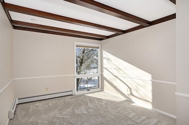 carpeted spare room featuring beam ceiling and a baseboard radiator