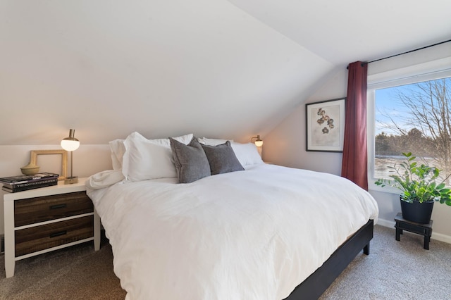 bedroom featuring carpet flooring, vaulted ceiling, and multiple windows