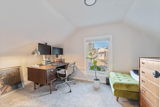 office area featuring carpet and vaulted ceiling