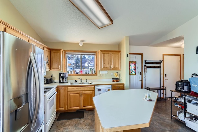 kitchen with a center island, light brown cabinets, lofted ceiling, white appliances, and sink